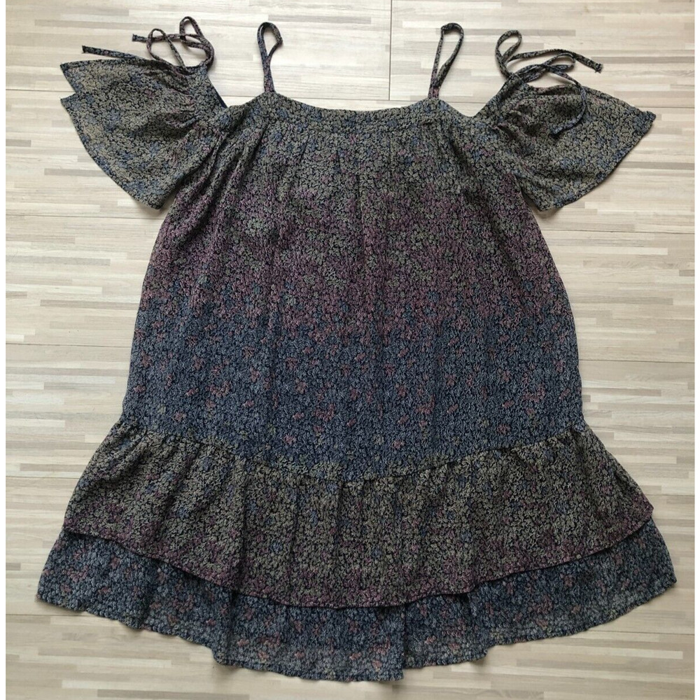 Lucky Brand, Women's Multi-Color Floral Dress Cold Shoulder Tiered Ruffle, Small